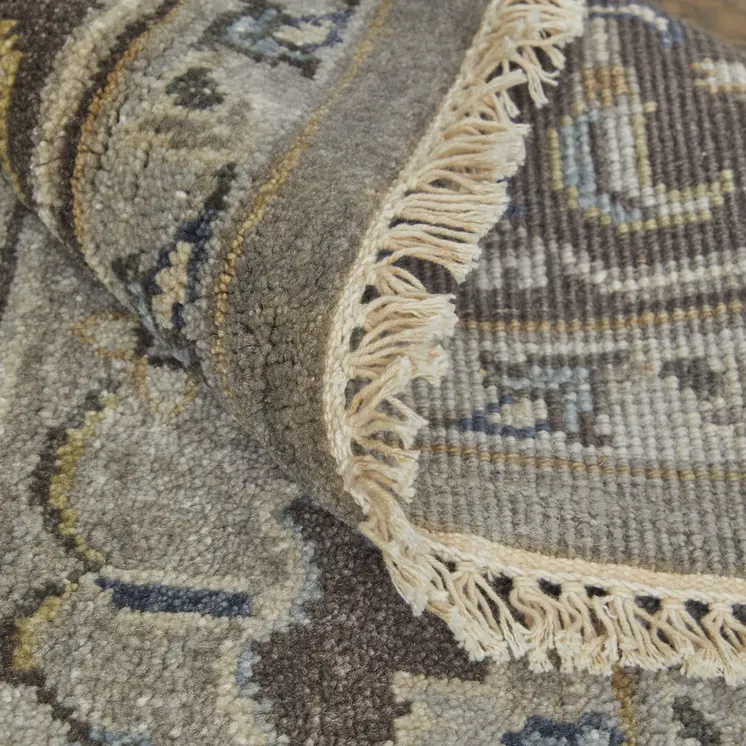 5' X 8' Gray Taupe And Blue Wool Floral Hand Knotted Stain Resistant Area Rug