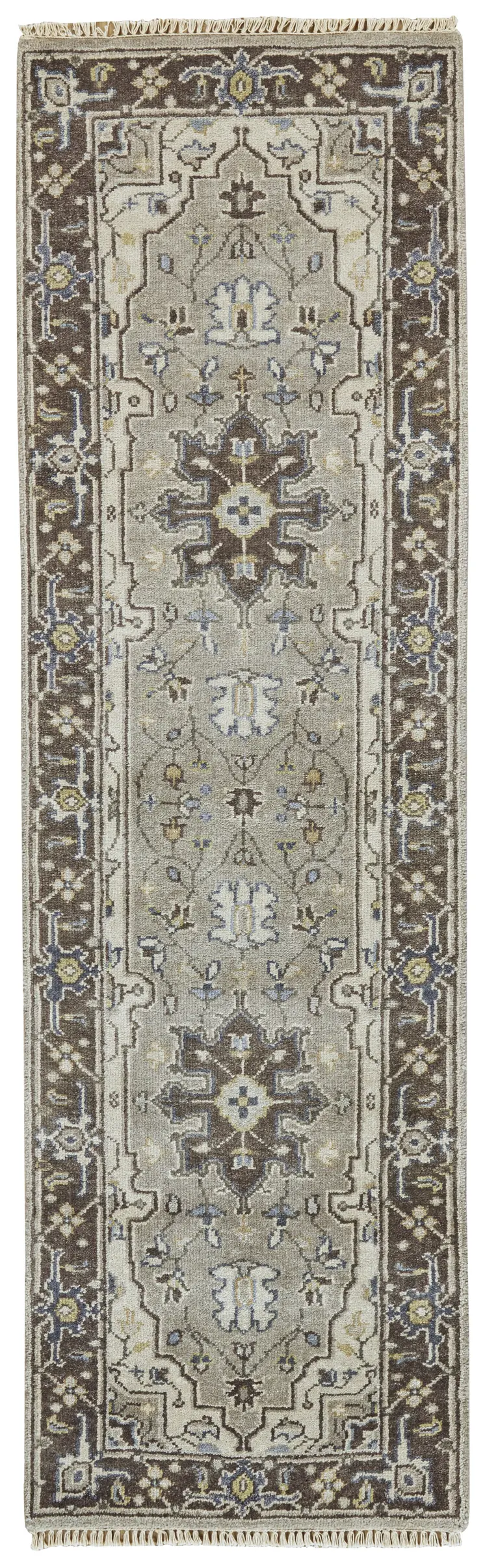 8' Beige Blue and Gray Medallion Hand Knotted Runner Rug With Fringe