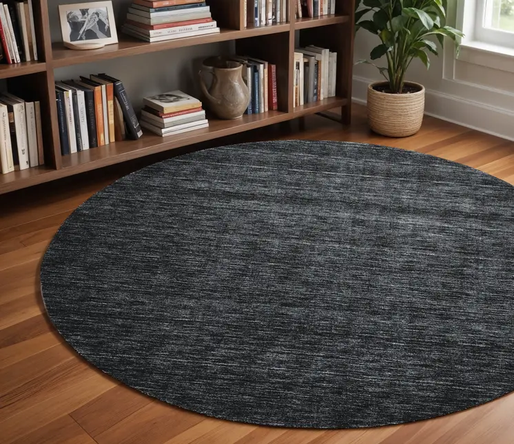 8' Black Round Wool Hand Woven Area Rug