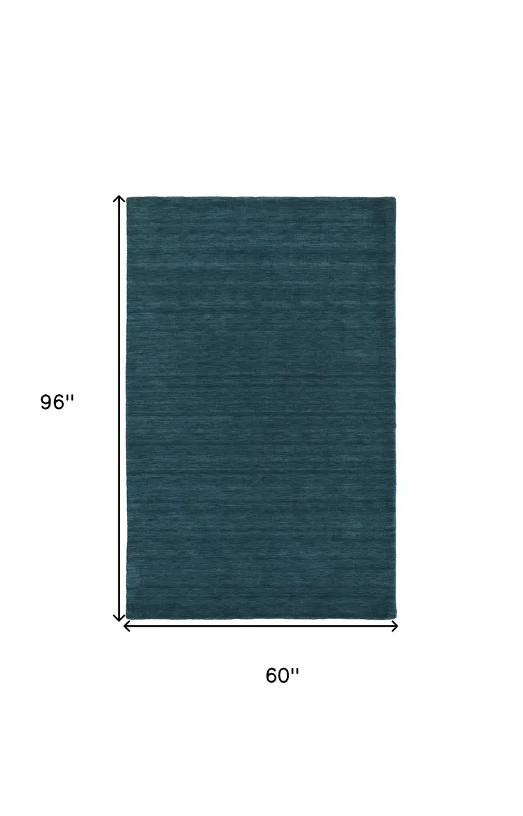 5' X 8' Blue And Green Wool Hand Woven Stain Resistant Area Rug