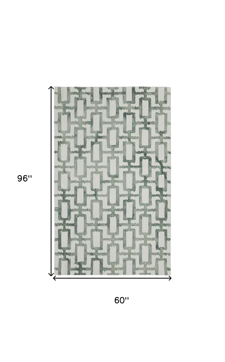 5' X 8' Green and Ivory Wool Geometric Hand Tufted Area Rug