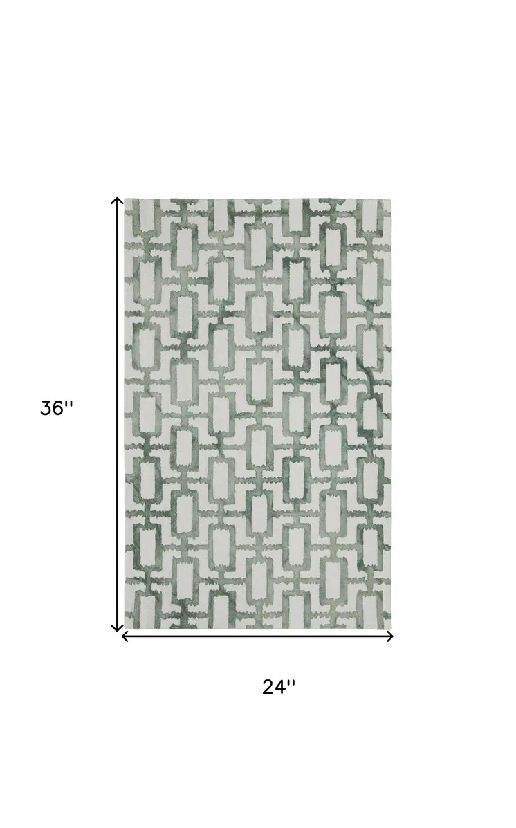 2' X 3' Ivory And Green Wool Geometric Tufted Handmade Area Rug