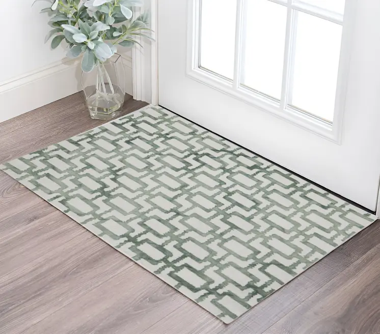 2' X 3' Ivory And Green Wool Geometric Tufted Handmade Area Rug