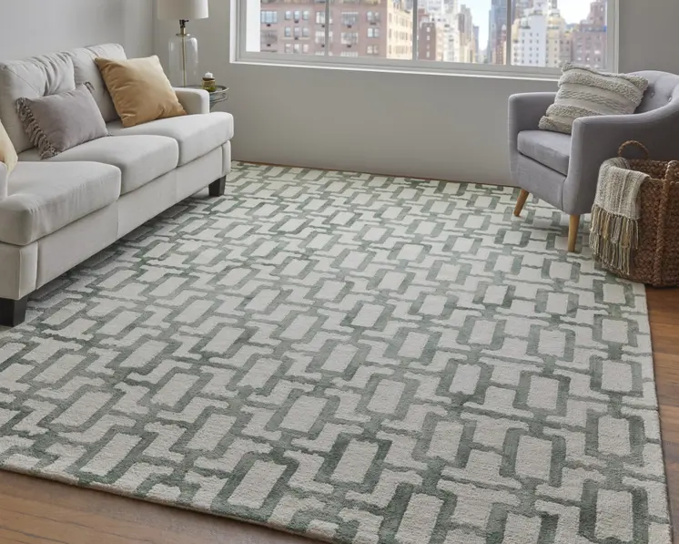 2' X 3' Ivory And Green Wool Geometric Tufted Handmade Area Rug