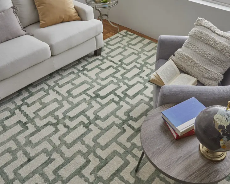 2' X 3' Ivory And Green Wool Geometric Tufted Handmade Area Rug