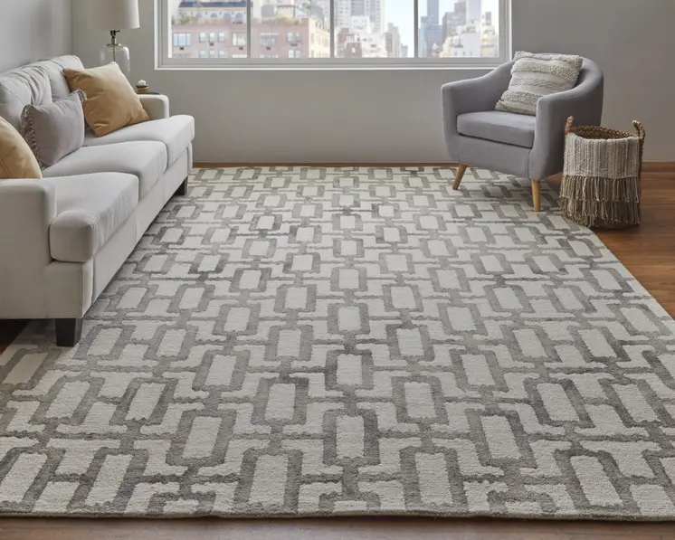 5' X 8' Ivory And Taupe Wool Geometric Tufted Handmade Area Rug