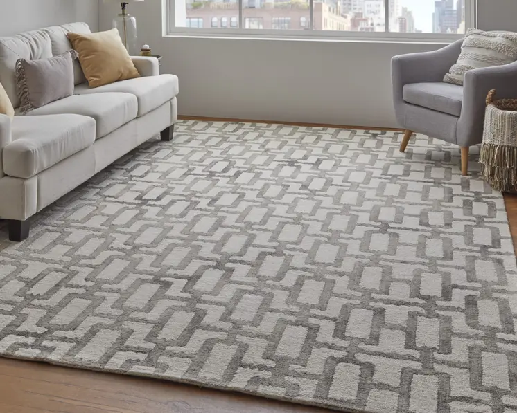 5' X 8' Ivory And Taupe Wool Geometric Tufted Handmade Area Rug