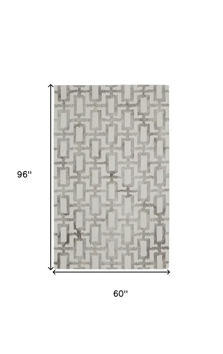 5' X 8' Ivory And Taupe Wool Geometric Tufted Handmade Area Rug