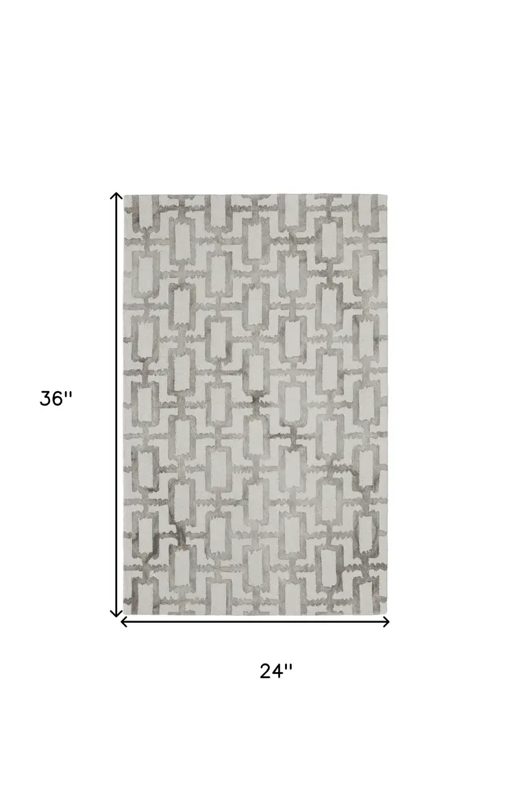 2' X 3' Ivory And Taupe Wool Geometric Tufted Handmade Area Rug