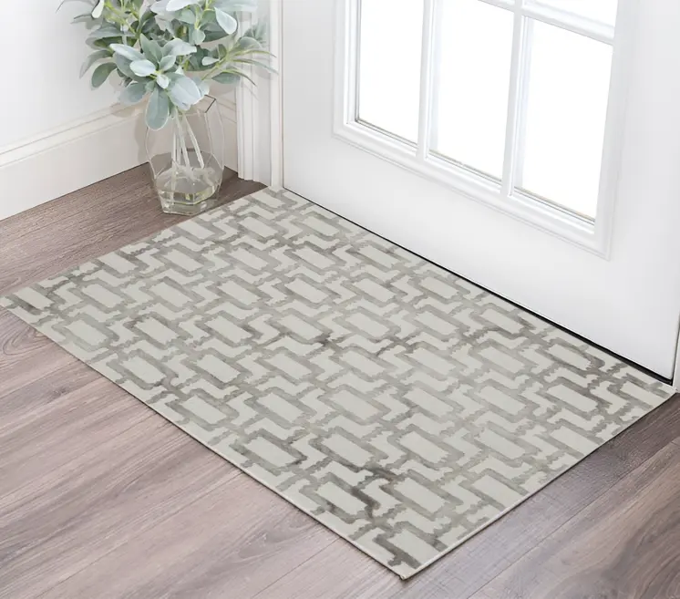 2' X 3' Ivory And Taupe Wool Geometric Tufted Handmade Area Rug