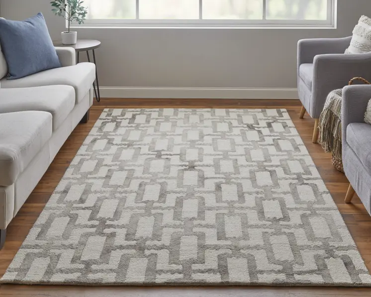 2' X 3' Ivory And Taupe Wool Geometric Tufted Handmade Area Rug