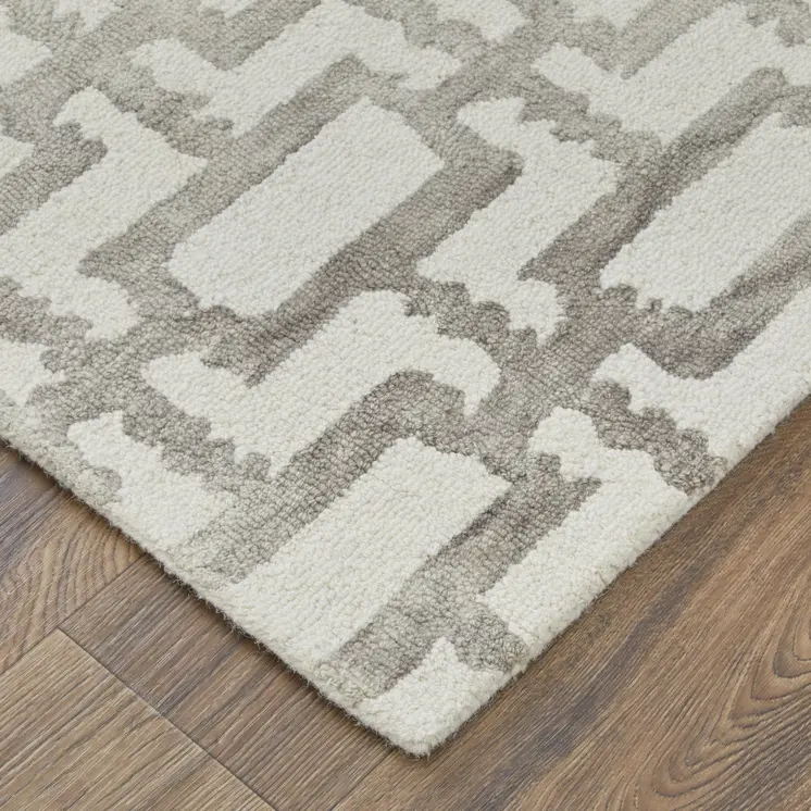 2' X 3' Ivory And Taupe Wool Geometric Tufted Handmade Area Rug