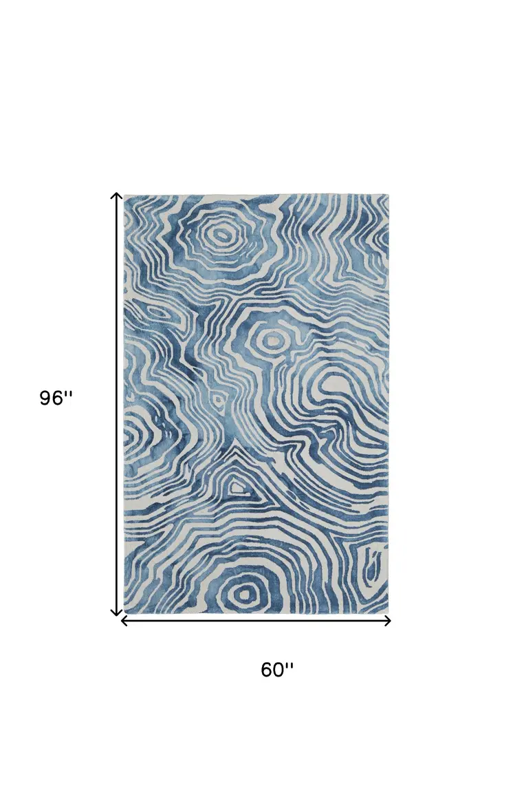 5' X 8' Blue And Ivory Wool Geometric Tufted Handmade Area Rug
