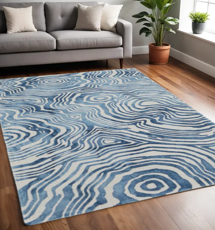 5' X 8' Blue And Ivory Wool Geometric Tufted Handmade Area Rug