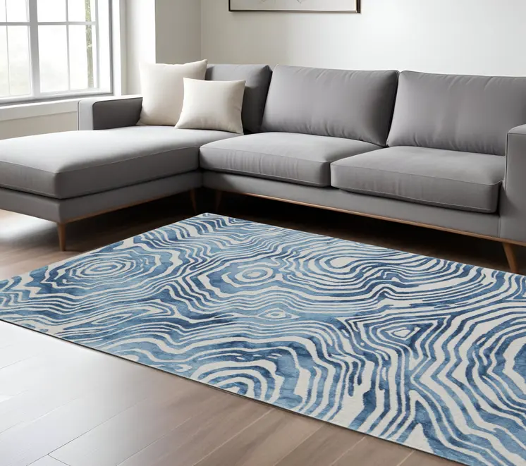 8' X 11' Blue and Ivory Wool Geometric Hand Tufted Non Skid Area Rug