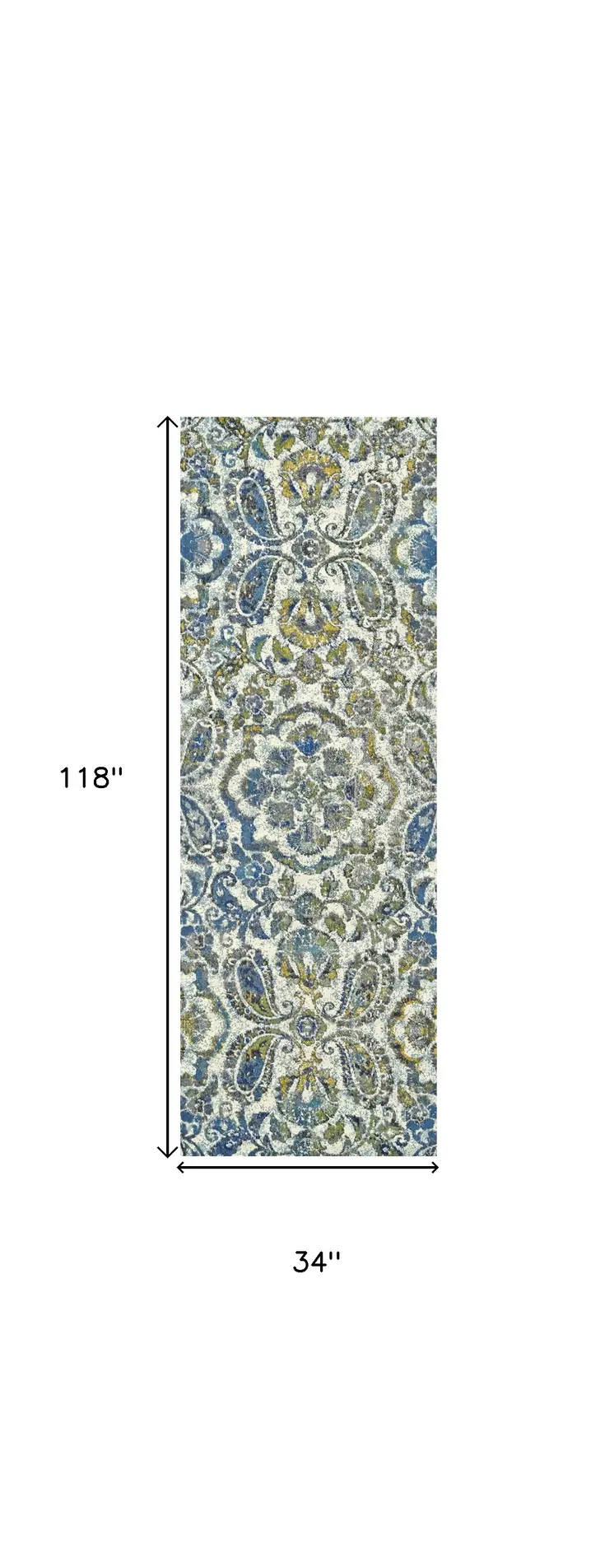 10' Ivory Blue And Green Floral Stain Resistant Runner Rug