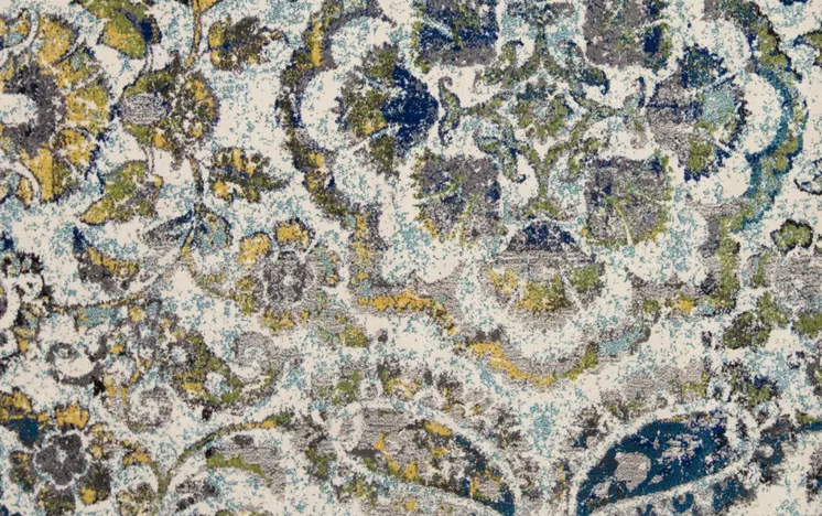 10' Ivory Blue And Green Floral Stain Resistant Runner Rug