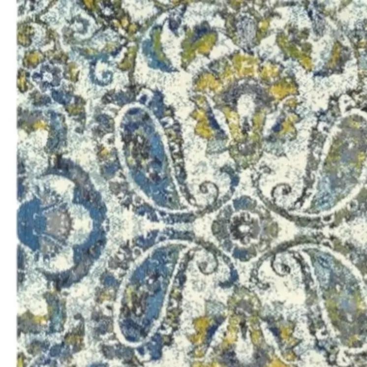 10' Ivory Blue And Green Floral Stain Resistant Runner Rug