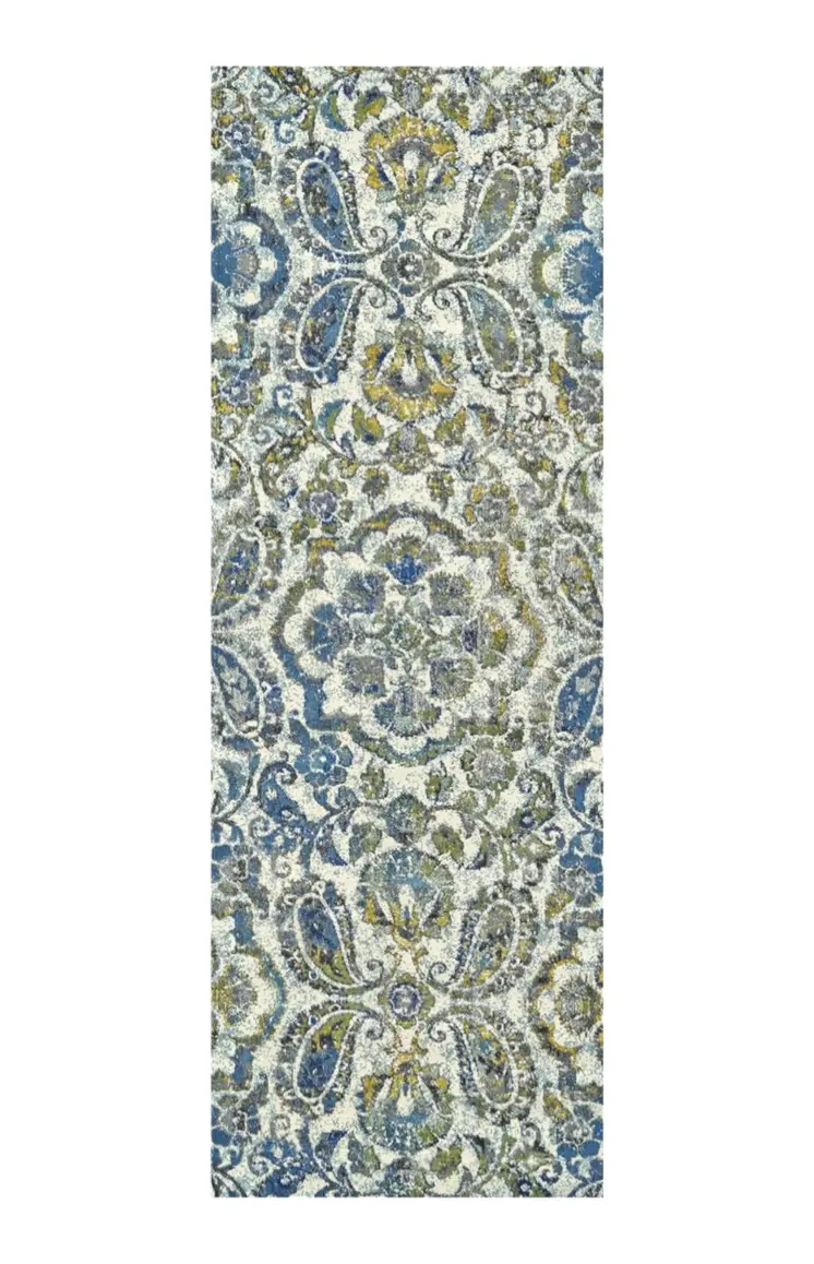 10' Ivory Blue And Green Floral Stain Resistant Runner Rug