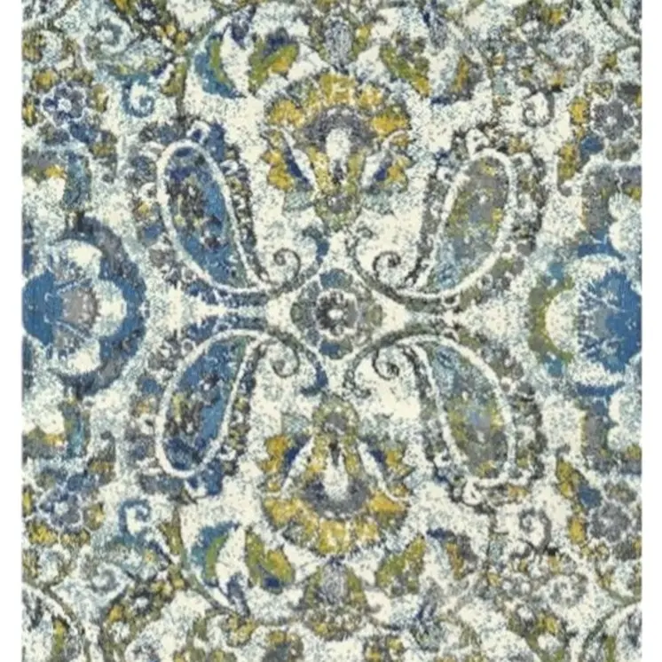 10' Ivory Blue And Green Floral Stain Resistant Runner Rug