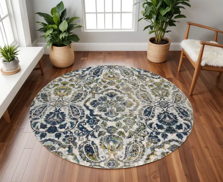 8' Ivory Blue And Green Round Floral Stain Resistant Area Rug