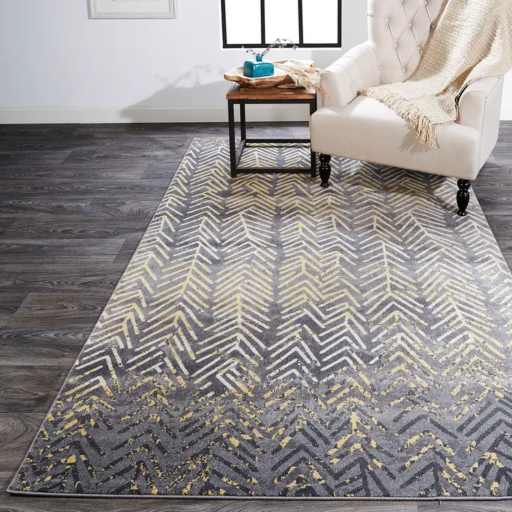 10' X 13' Gray Yellow And White Abstract Stain Resistant Area Rug