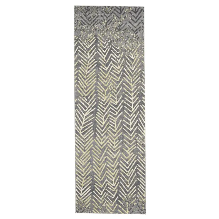 8' Gray and Yellow Geometric Power Loom Distressed Runner Rug