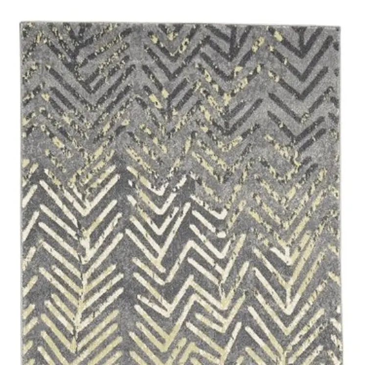 8' Gray and Yellow Geometric Power Loom Distressed Runner Rug