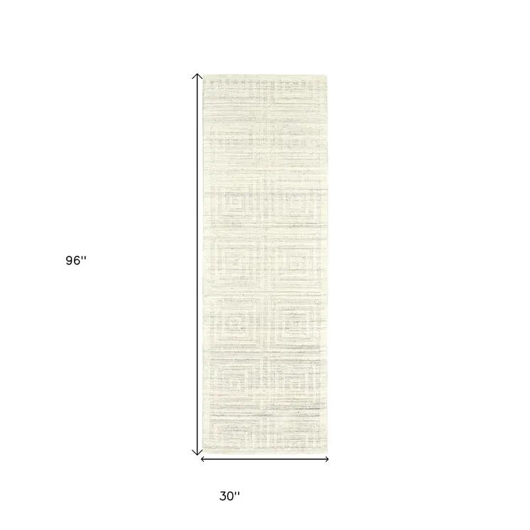 8' Ivory Geometric Hand Woven Runner Rug