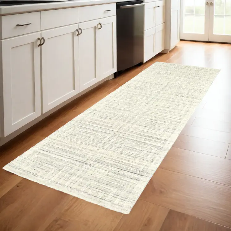 8' Ivory Geometric Hand Woven Runner Rug