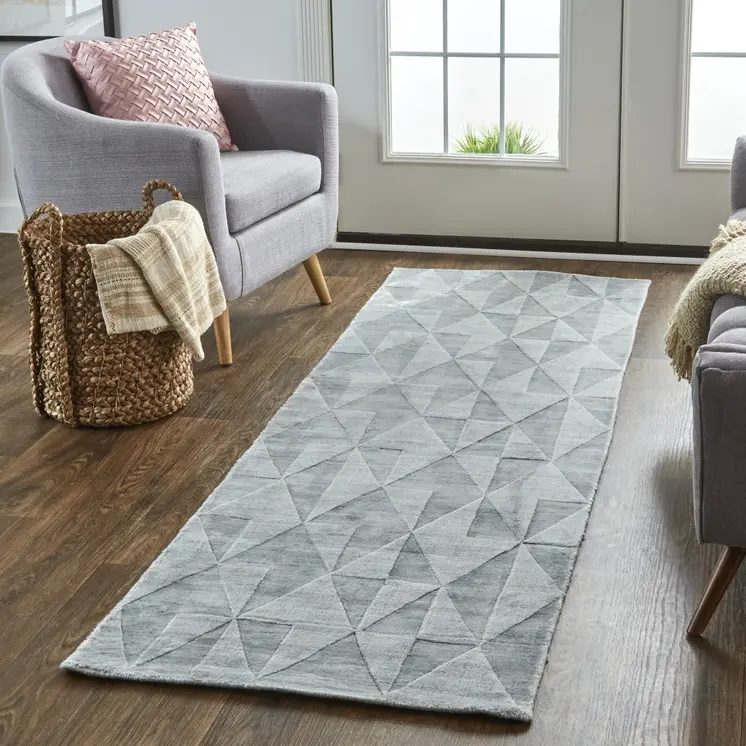 8' Gray Ivory And Silver Geometric Hand Woven Runner Rug