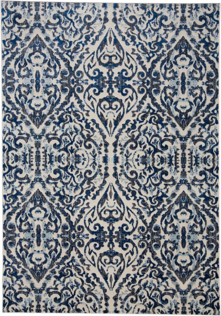 7' X 10' Blue and Ivory Floral Distressed Non Skid Area Rug