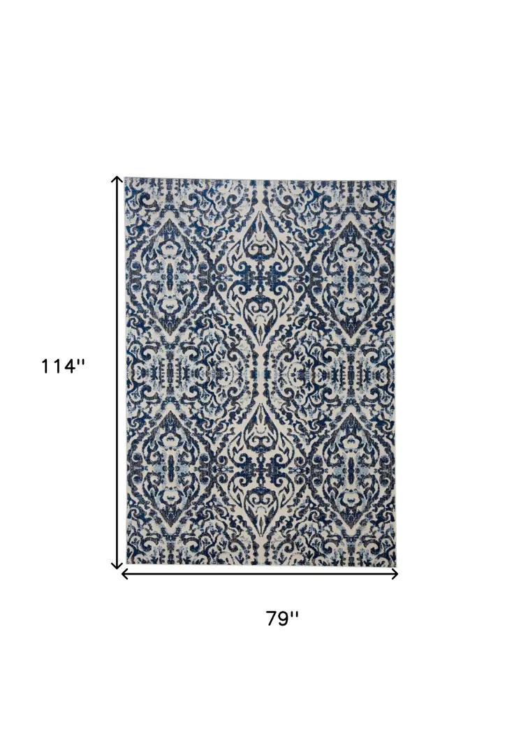 7' X 10' Blue and Ivory Floral Distressed Non Skid Area Rug
