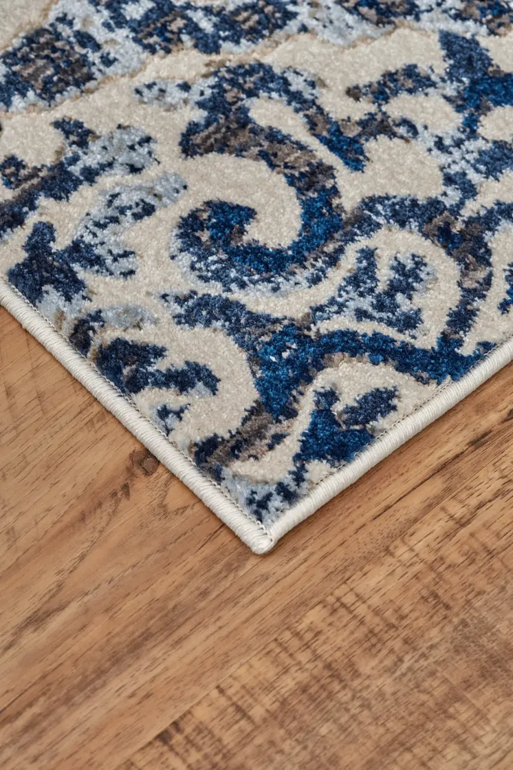 7' X 10' Blue and Ivory Floral Distressed Non Skid Area Rug
