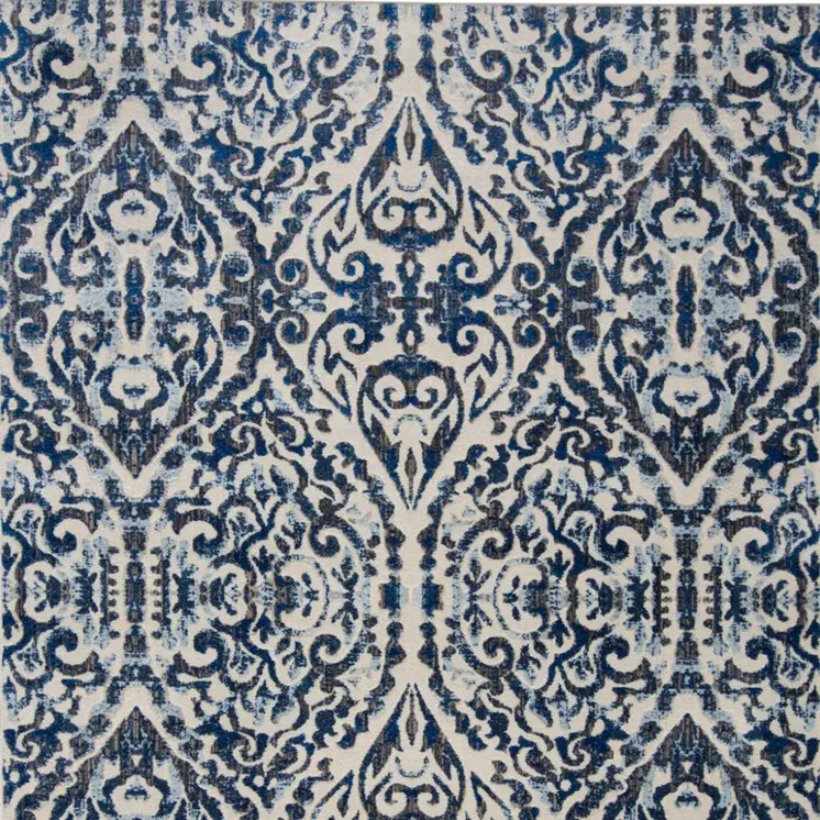 10' X 14' Blue Ivory And Black Floral Distressed Stain Resistant Area Rug