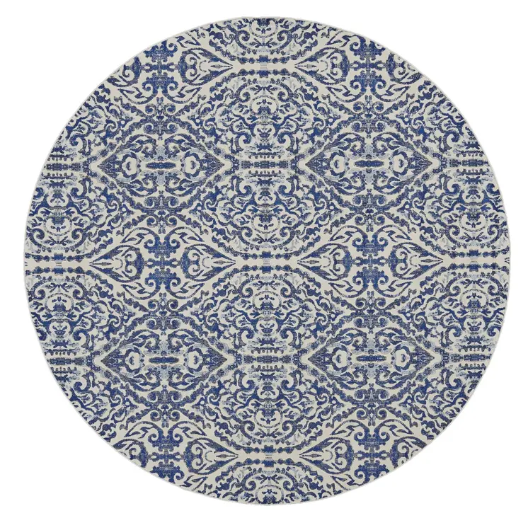9' Blue and Ivory Round Floral Distressed Area Rug