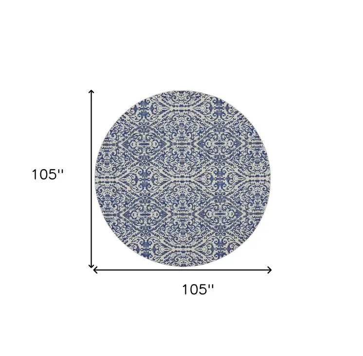 9' Blue and Ivory Round Floral Distressed Area Rug