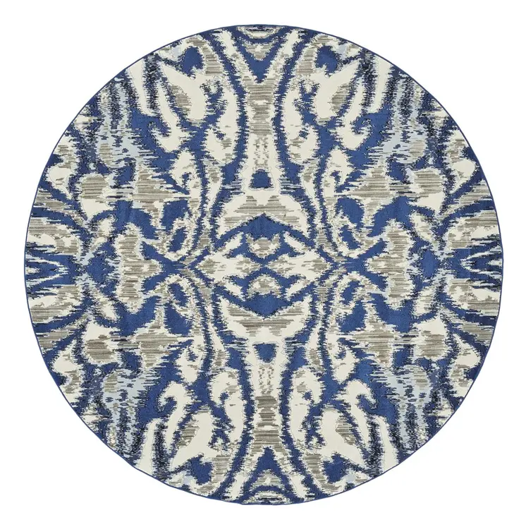 9' Blue and Ivory Round Ikat Distressed Area Rug