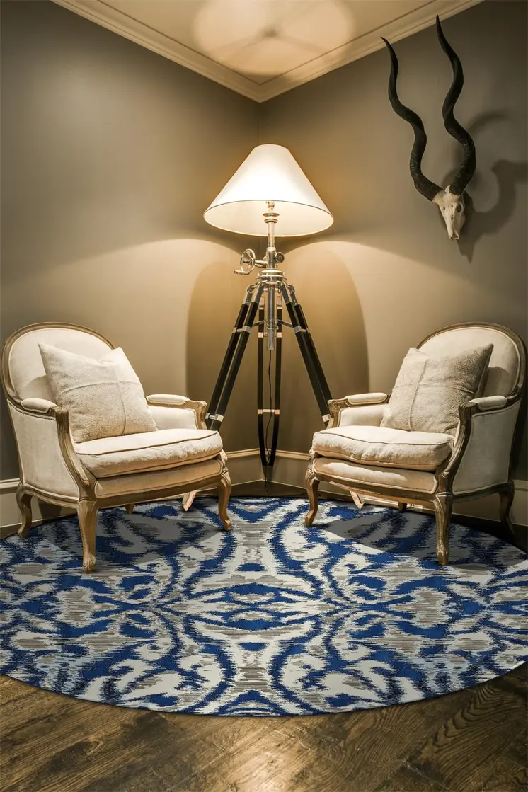 9' Blue and Ivory Round Ikat Distressed Area Rug