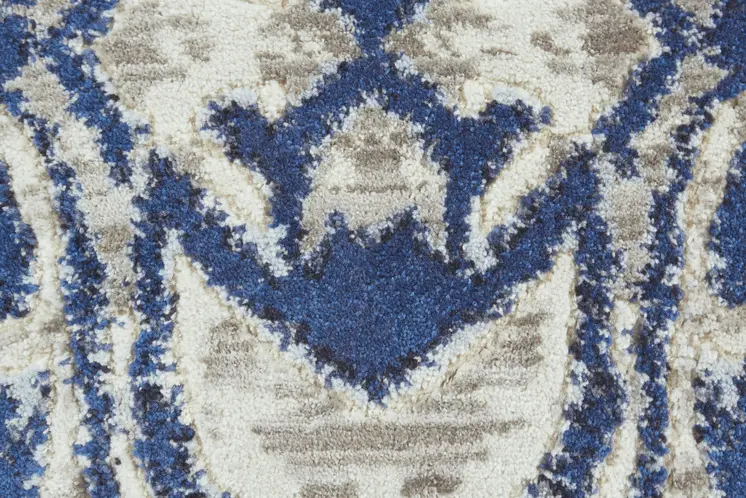 9' Blue and Ivory Round Ikat Distressed Area Rug