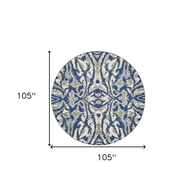 9' Blue and Ivory Round Ikat Distressed Area Rug