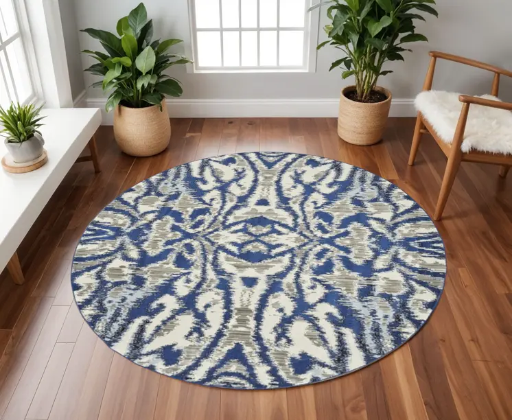 9' Blue and Ivory Round Ikat Distressed Area Rug