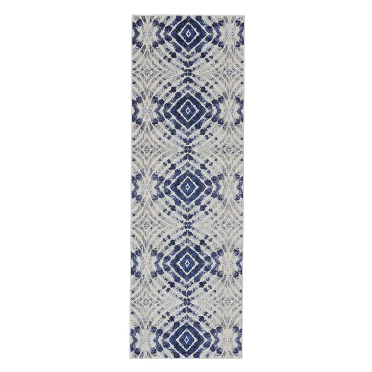 8' Ivory Blue And Gray Abstract Distressed Stain Resistant Runner Rug