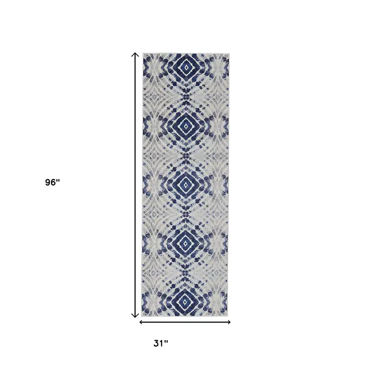 8' Ivory Blue And Gray Abstract Distressed Stain Resistant Runner Rug