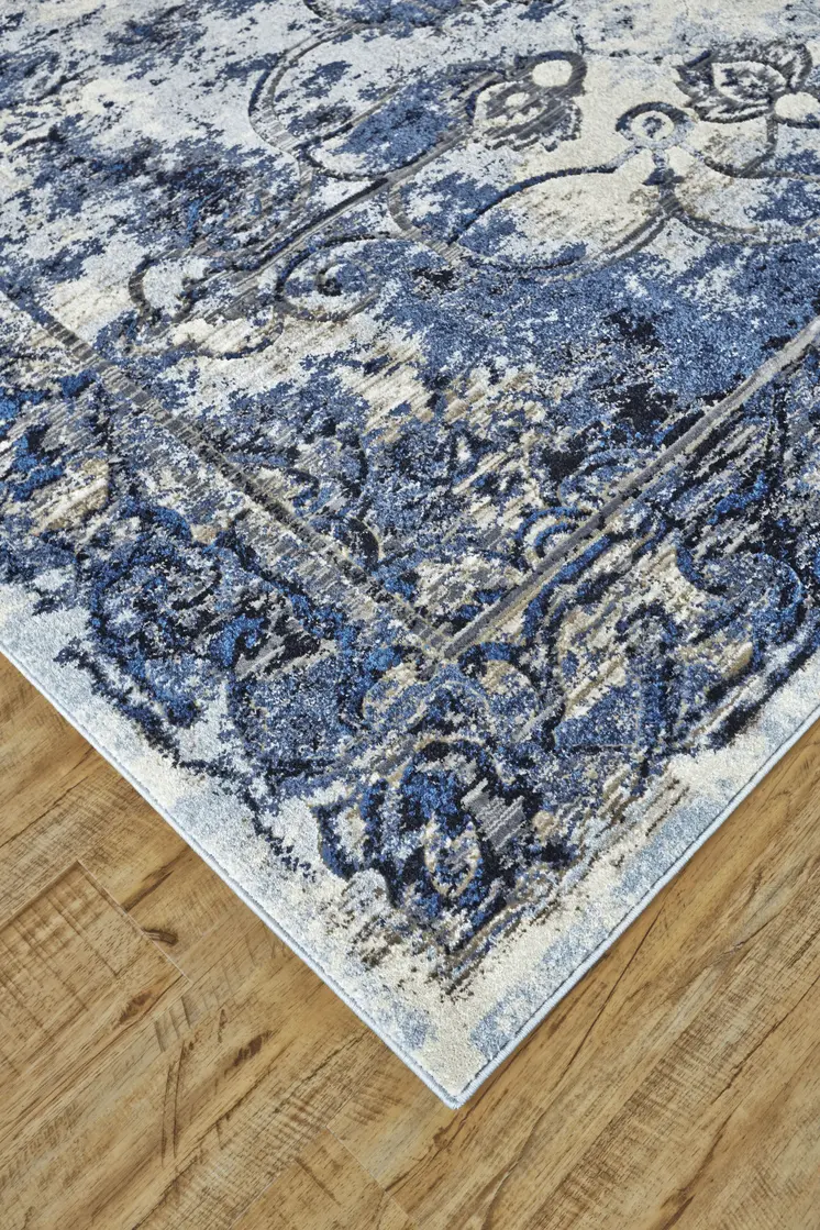 4' X 6' Blue Ivory And Gray Floral Distressed Stain Resistant Area Rug
