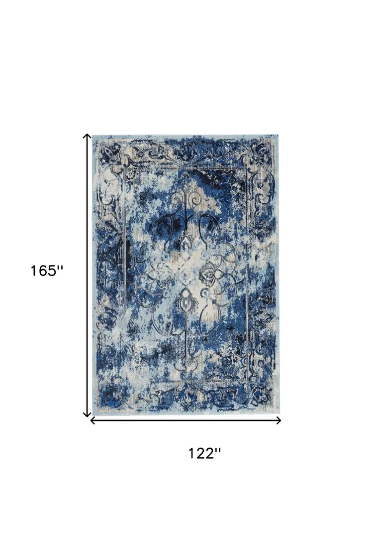 10' X 14' Blue Ivory And Gray Floral Distressed Stain Resistant Area Rug