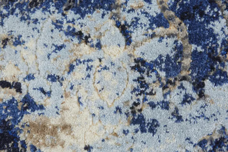 9' Blue And Ivory Floral Distressed Round Rug