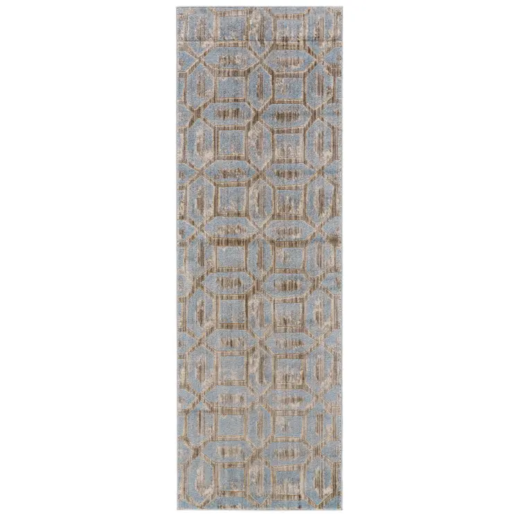 8' Blue Taupe And Ivory Floral Distressed Stain Resistant Runner Rug