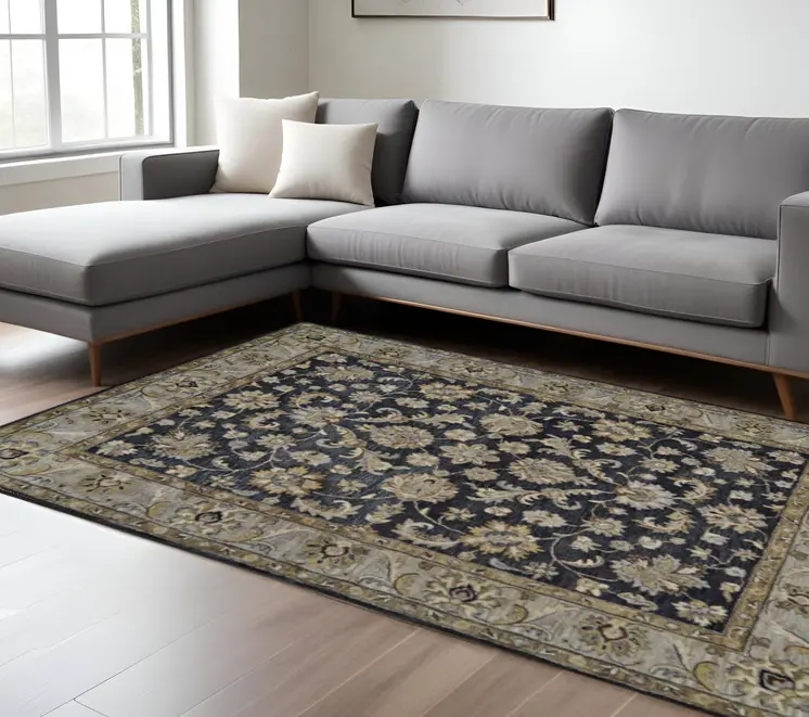 8' X 11' Blue Gray And Taupe Wool Floral Tufted Handmade Stain Resistant Area Rug