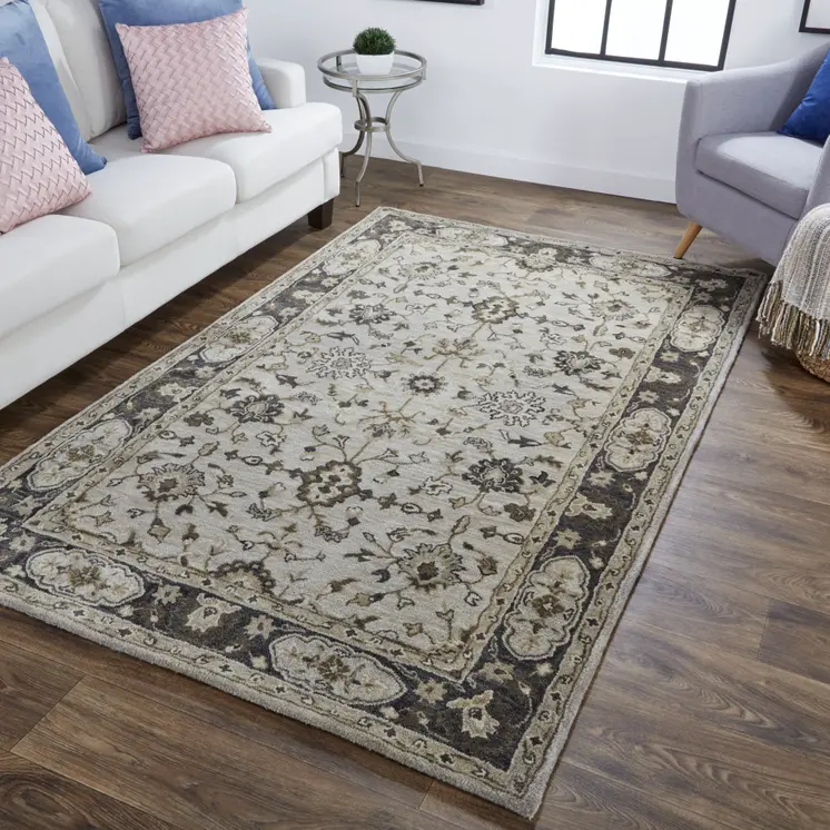 5' X 8' Gray and Ivory Wool Floral Hand Tufted Area Rug